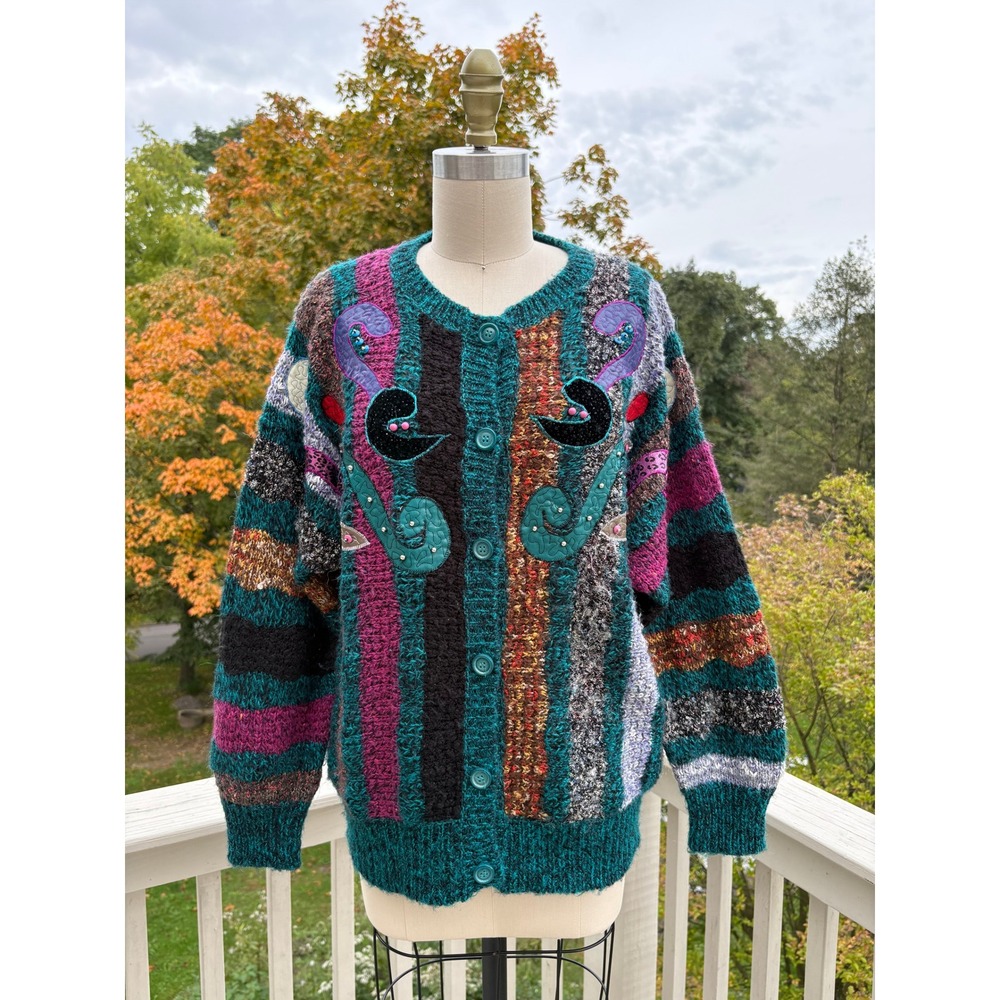 Vintage 90s Eclectic Cardigan Medium Teal Multi Abstract Beaded Artsy Whimsical